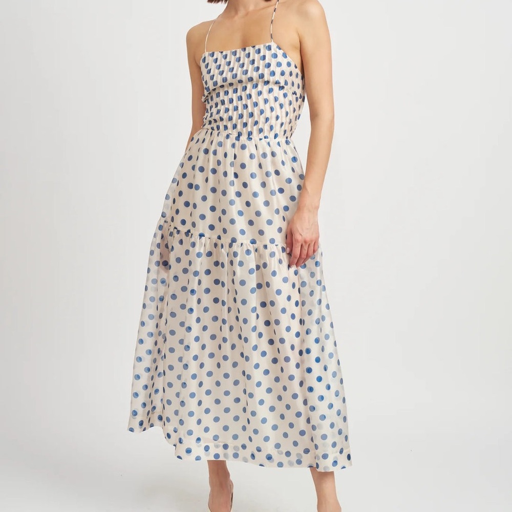 En Saison NWT Ivory Blue Polka Dot Lace Up Maxi Dress Chiffon Tiered Romantic XS